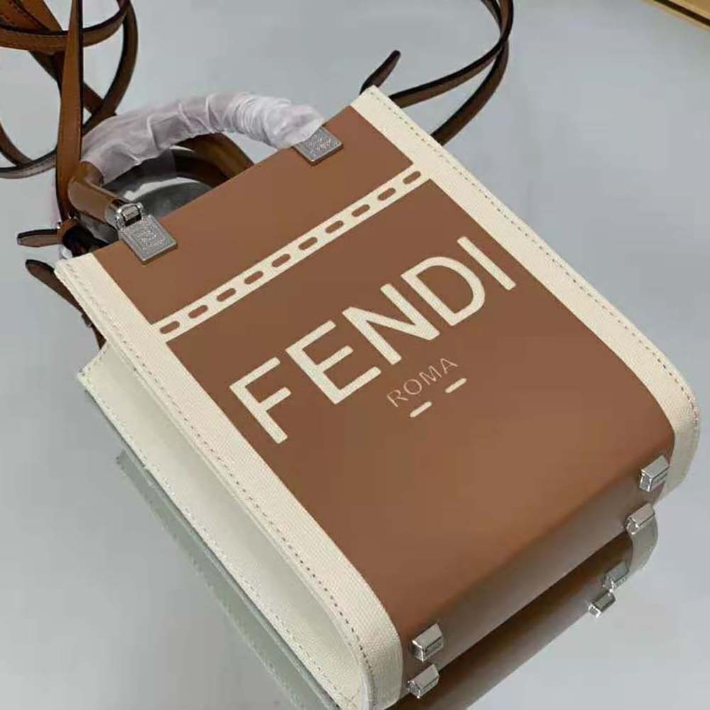 Fendi Women Mini Sunshine Shopper Brown Patent Leather and Canvas Mini-Bag - image 5
