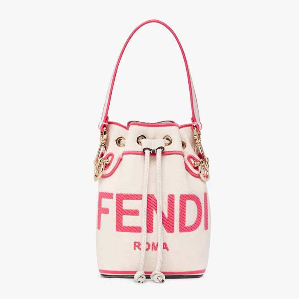 Front view of Fendi Women Mon Tresor Beige Canvas Mini-bag with Fendi Roma embroidery
