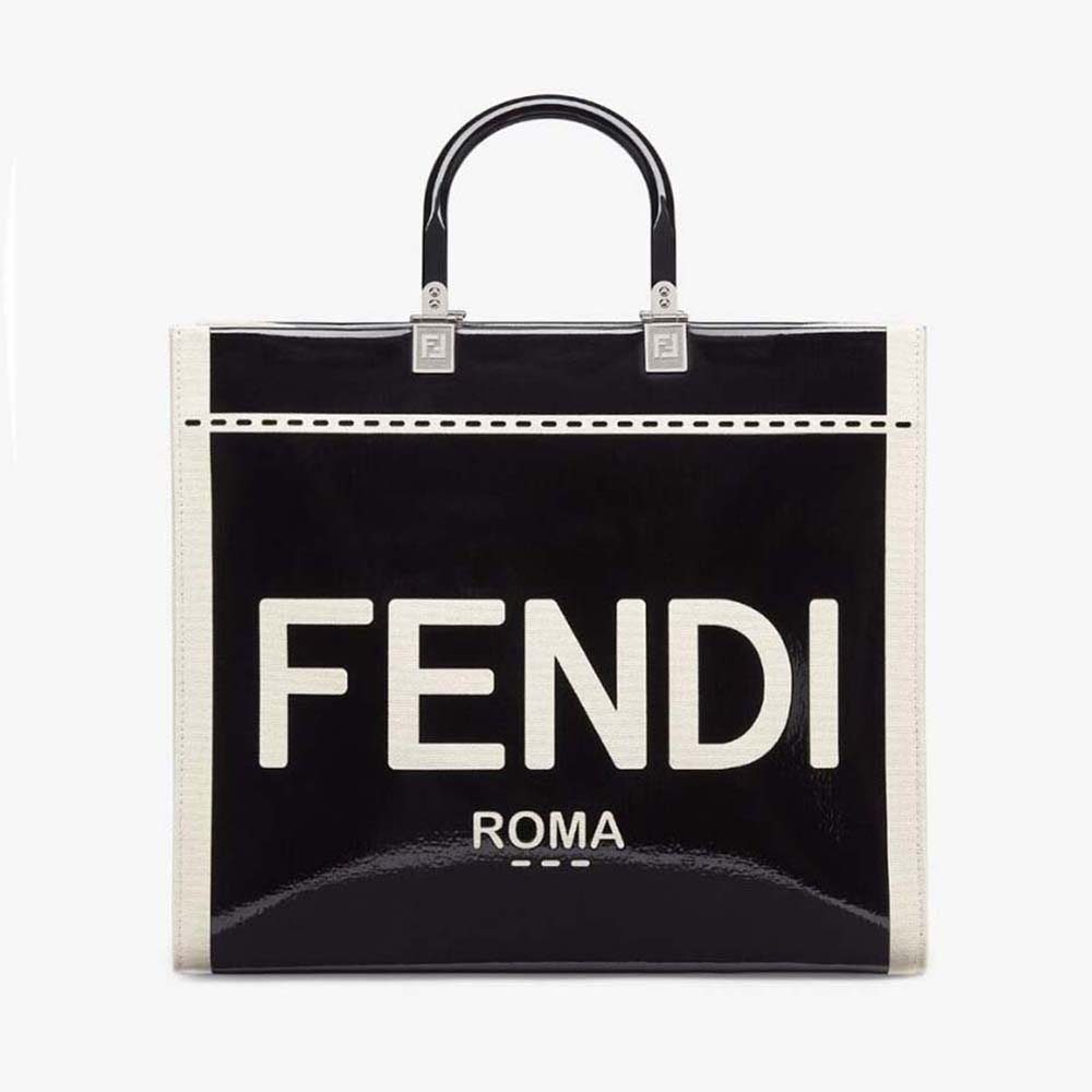 Front view of Fendi Women Sunshine Medium Canvas and Black Patent Leather Shopper Bag