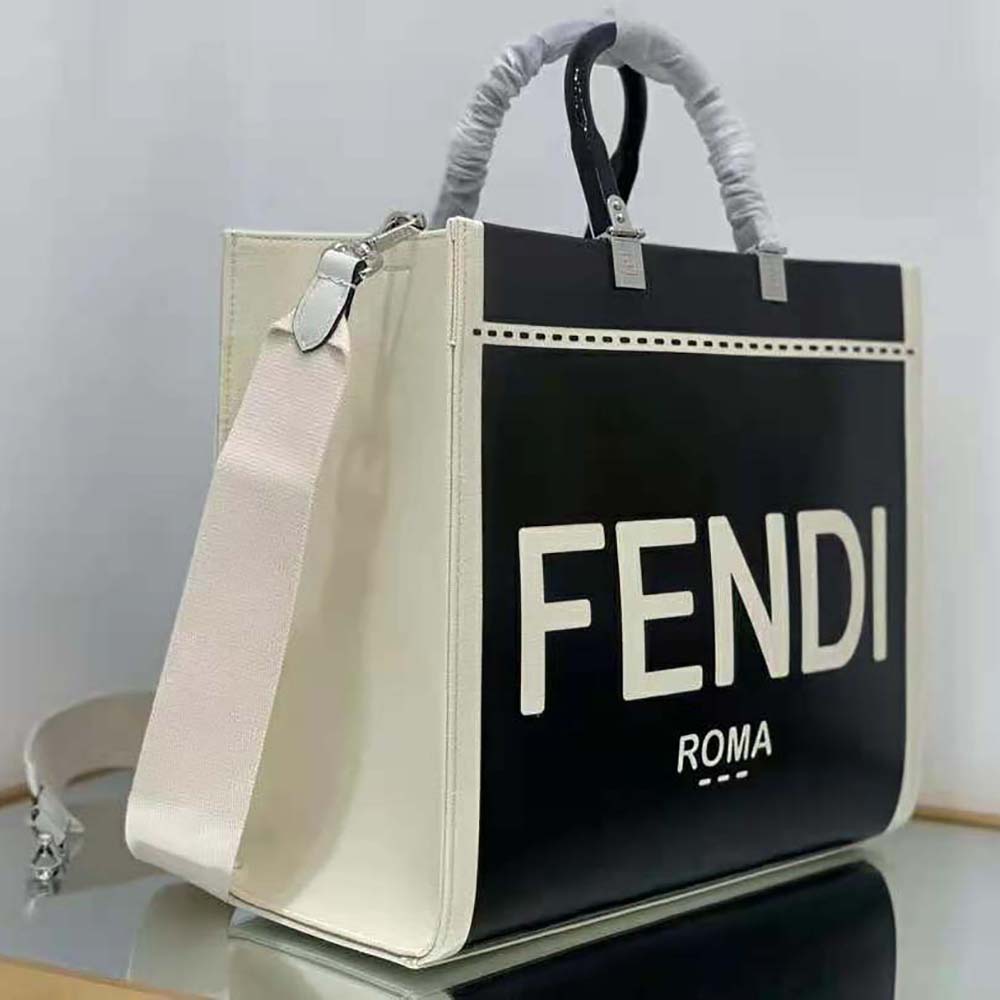 Fendi Women Sunshine Medium Canvas and Black Patent Leather Shopper Bag - image 5