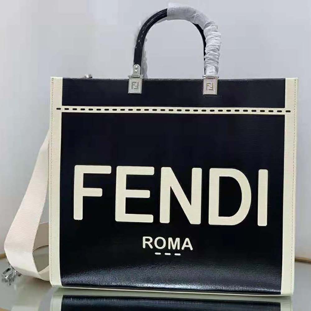 Side angle showing spacious interior of Fendi Women Sunshine Medium Canvas shopper bag