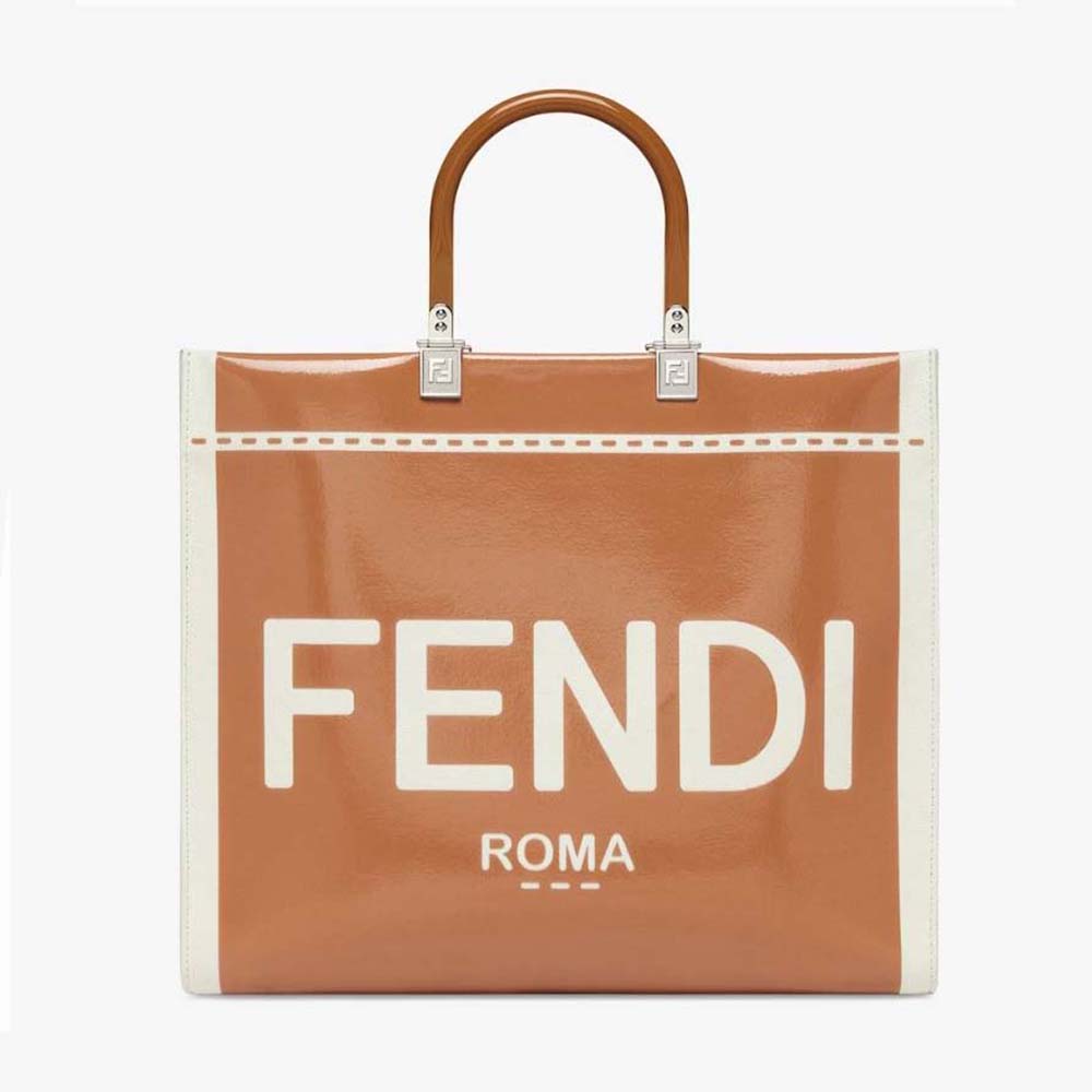 Front view of Fendi Women Sunshine Medium Canvas and Brown Patent Leather Shopper Bag