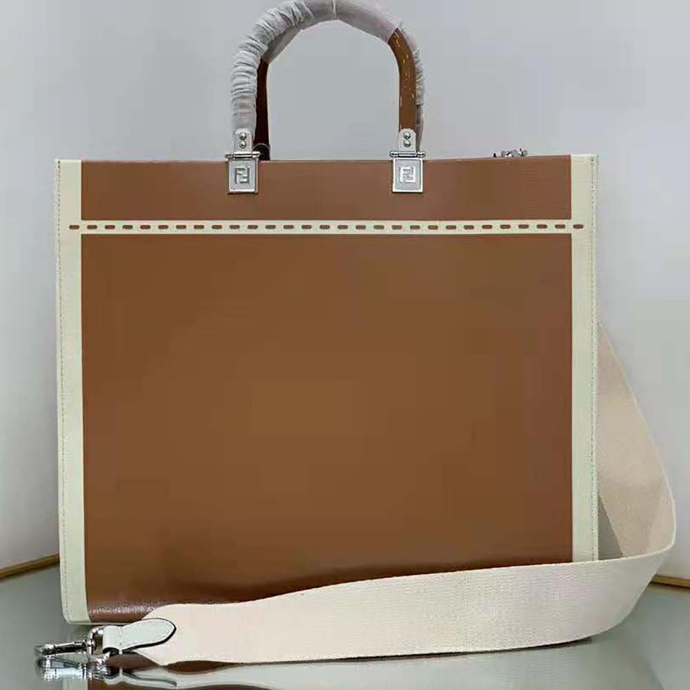 Fendi Women Sunshine Medium Canvas and Brown Patent Leather Shopper Bag - image 5