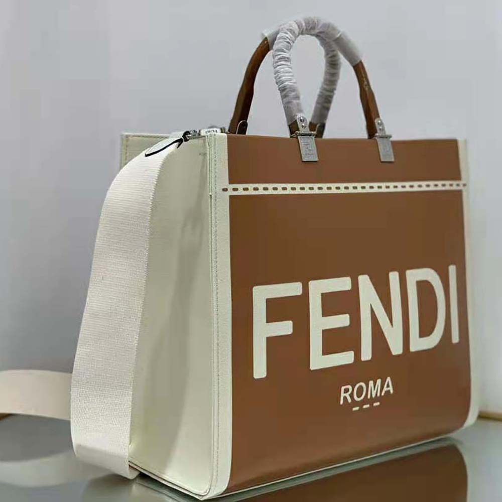 Fendi Women Sunshine Medium Canvas and Brown Patent Leather Shopper Bag - image 4