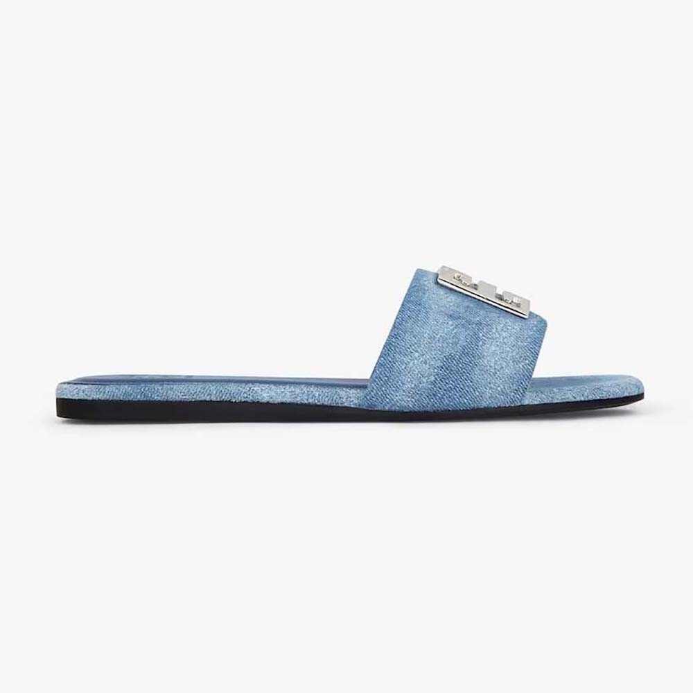 Side view of Givenchy Women 4G Mules in Washed Denim-Blue showing silhouette