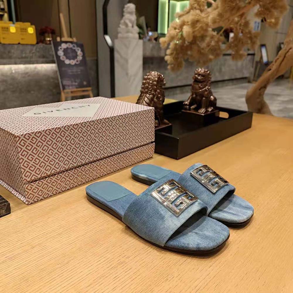 Top-down look at footbed and denim texture of Givenchy Women 4G Mules