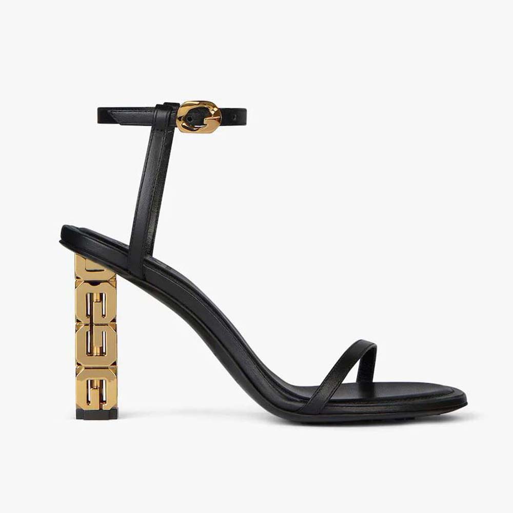 Side view of Givenchy Women G Cube Sandals in Leather-Black high heel