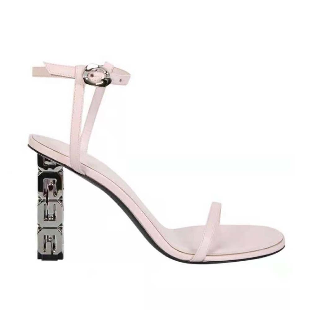 Side view of Givenchy Women G Cube Sandals in Leather-Pink with buckle