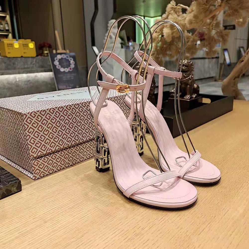 Front angle of Givenchy Women G Cube Sandals showcasing pink leather straps