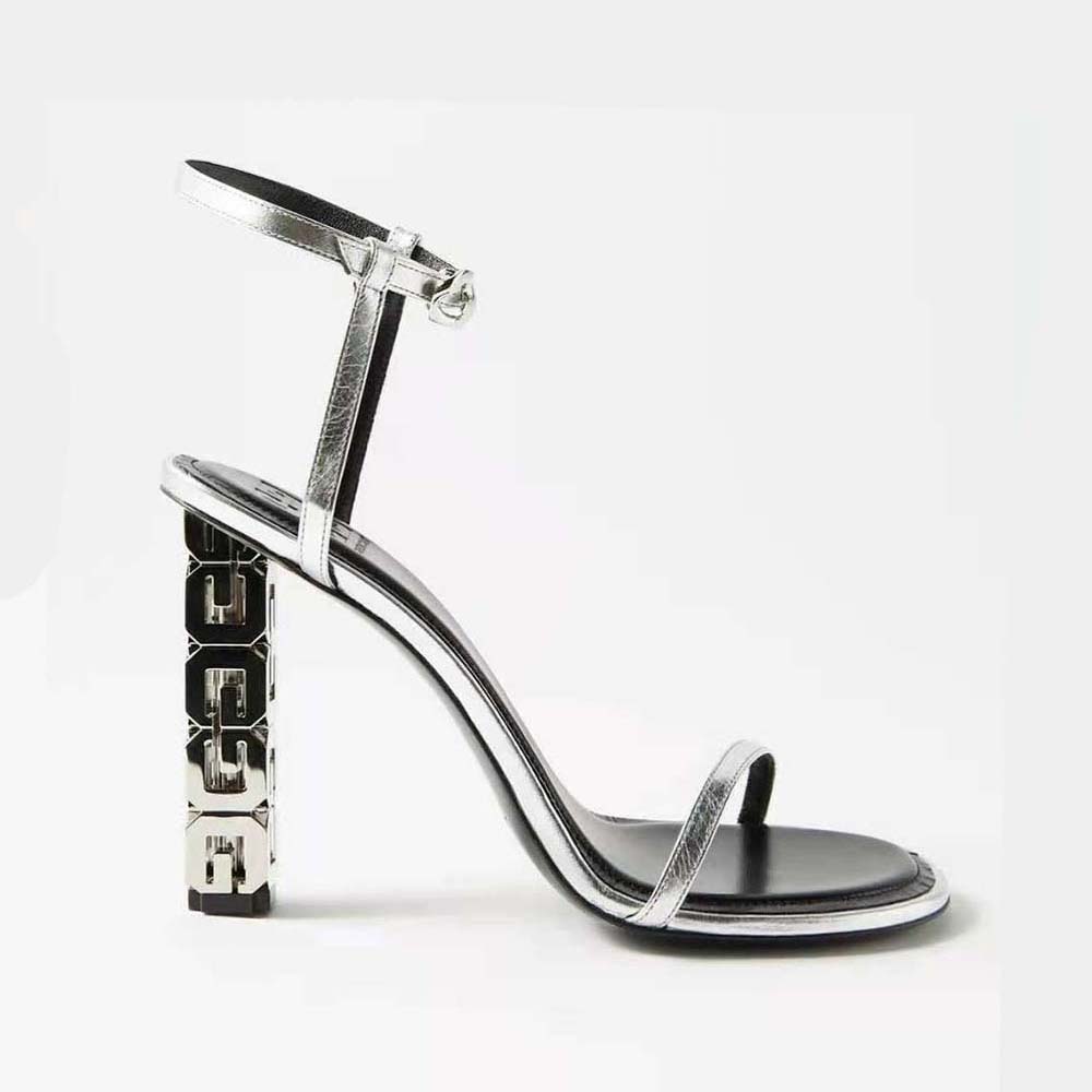 Side view of Givenchy Women G Cube Sandals in Leather-Silver showing heel height