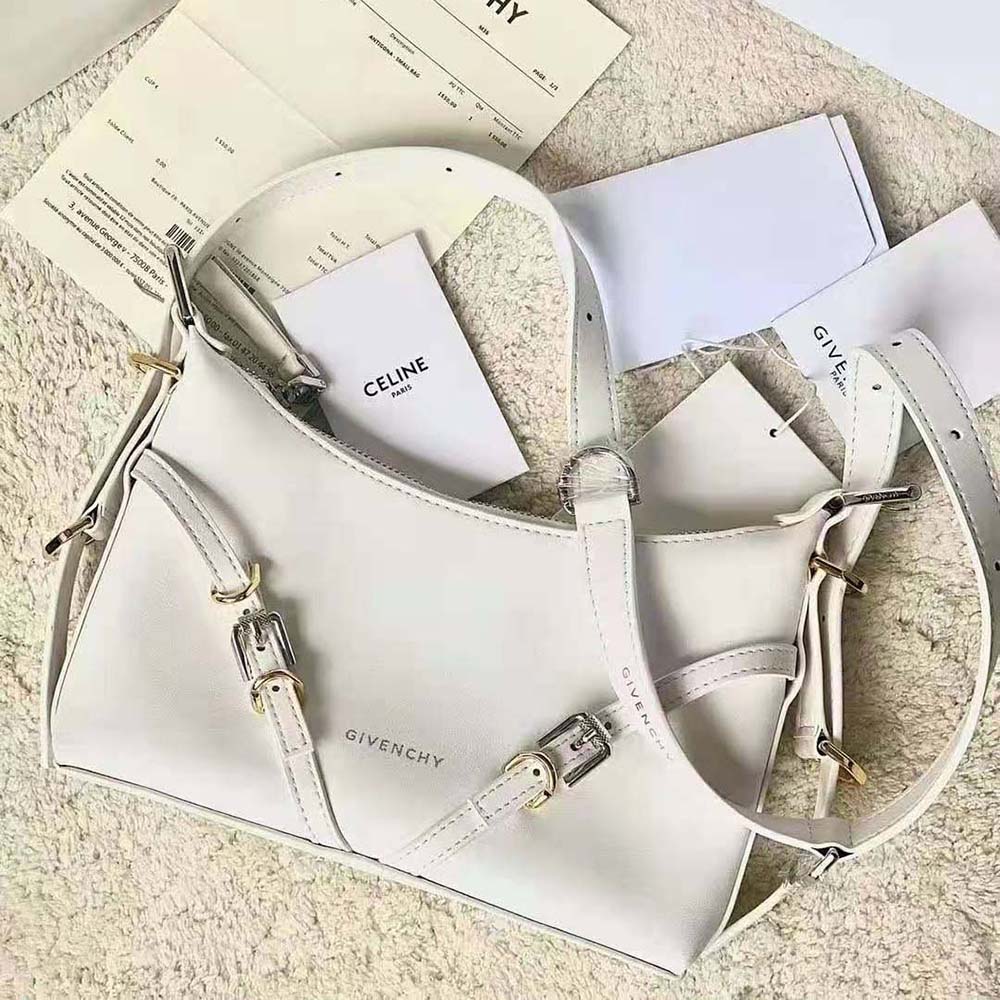 Close-up detail of silver clasp on Givenchy Women Mini Voyou Bag in Leather-White