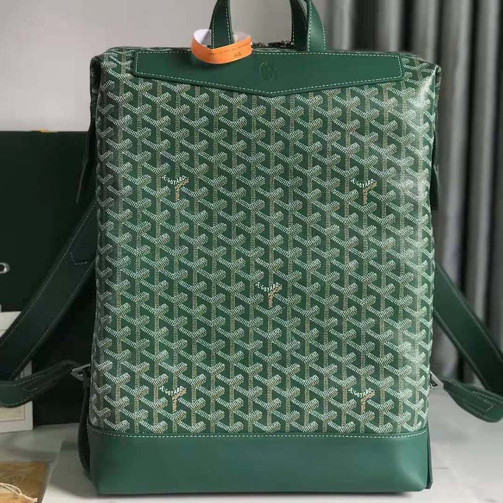 Close-up of green calfskin and chevron pattern on Goyard backpack