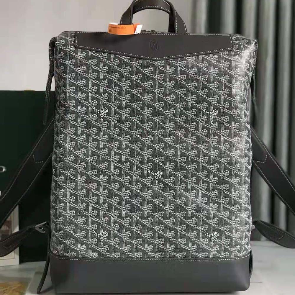 Close-up of silver hardware and Chevron pattern on Goyard backpack