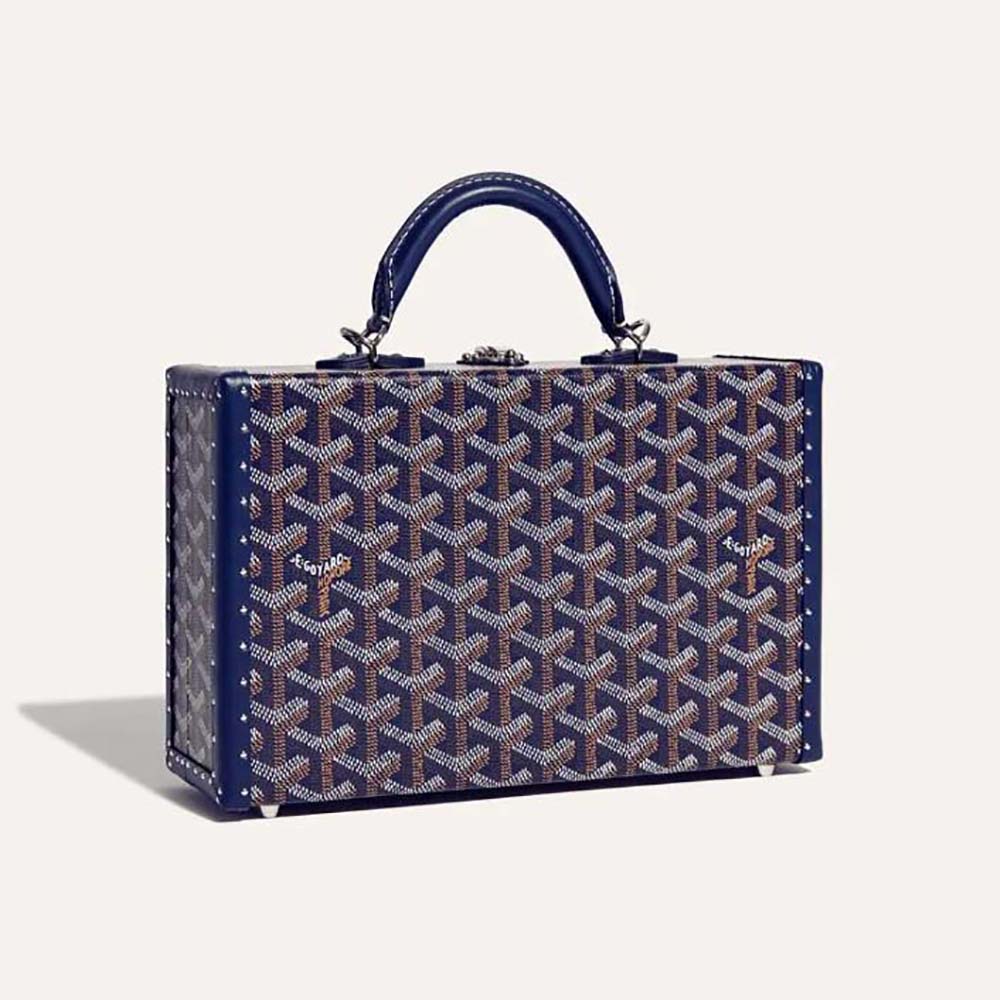 Front view of Goyard Women Sac Malle Grand Hôtel in navy canvas and leather