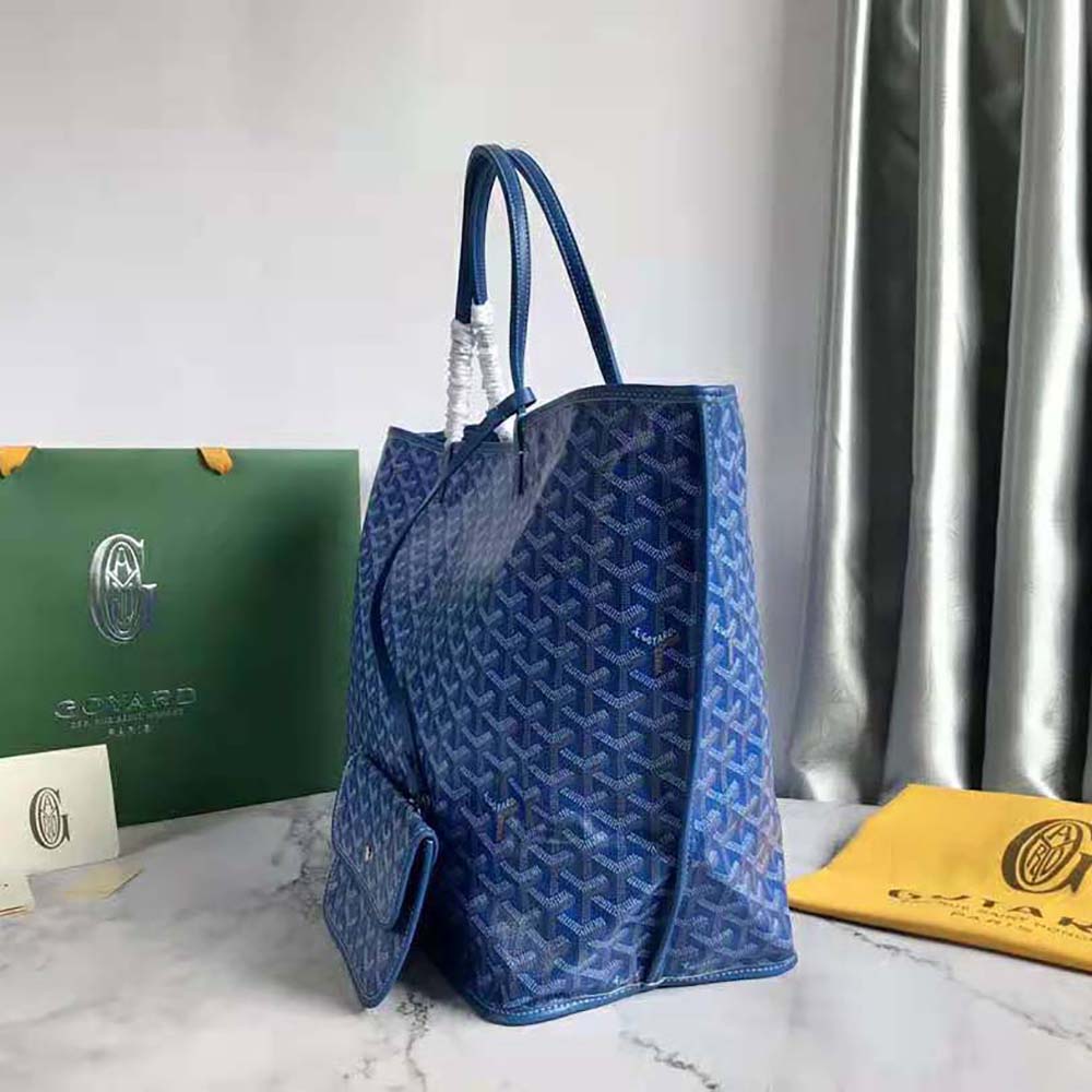 Side angle showing spacious interior and blue calfskin details of the Goyard Saint Louis GM