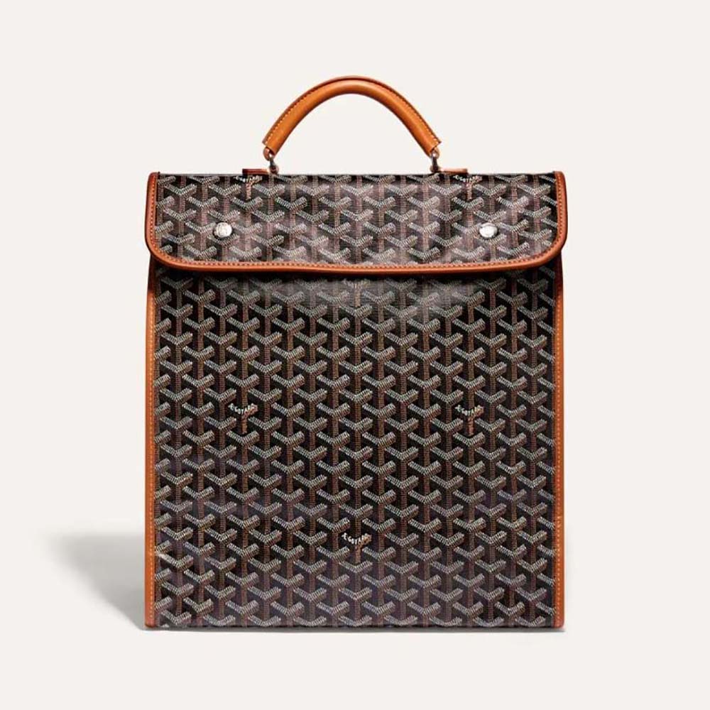 Front angle of Goyard Women Saint Léger Backpack in brown leather trim