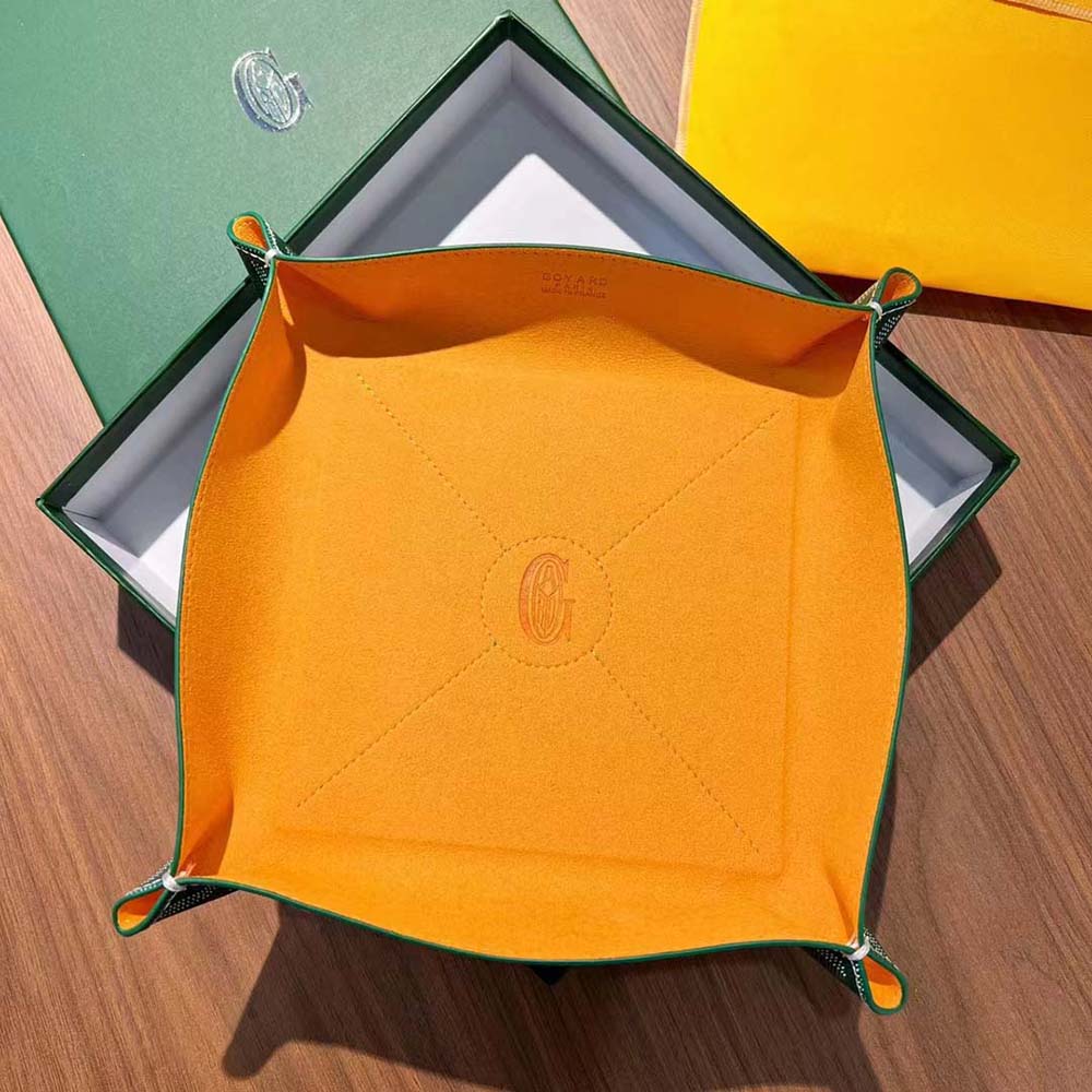 Top view showing interior and leather trim of Goyard Fourre-tout-Green