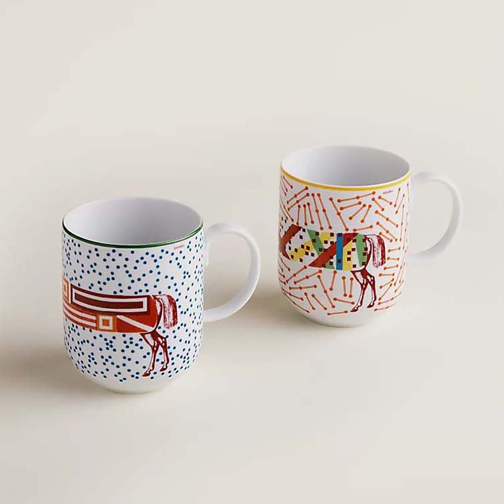 Front view of Hermes Unisex Hermes Hippomobile Set of 2 Mugs with white porcelain