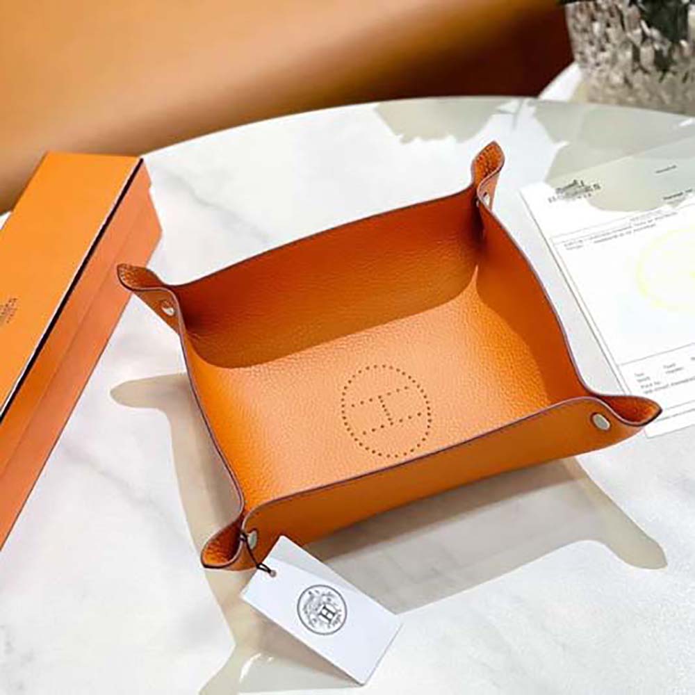 Side angle of Hermes Unisex Mises Et Relances Desk Change Tray with stitched edges