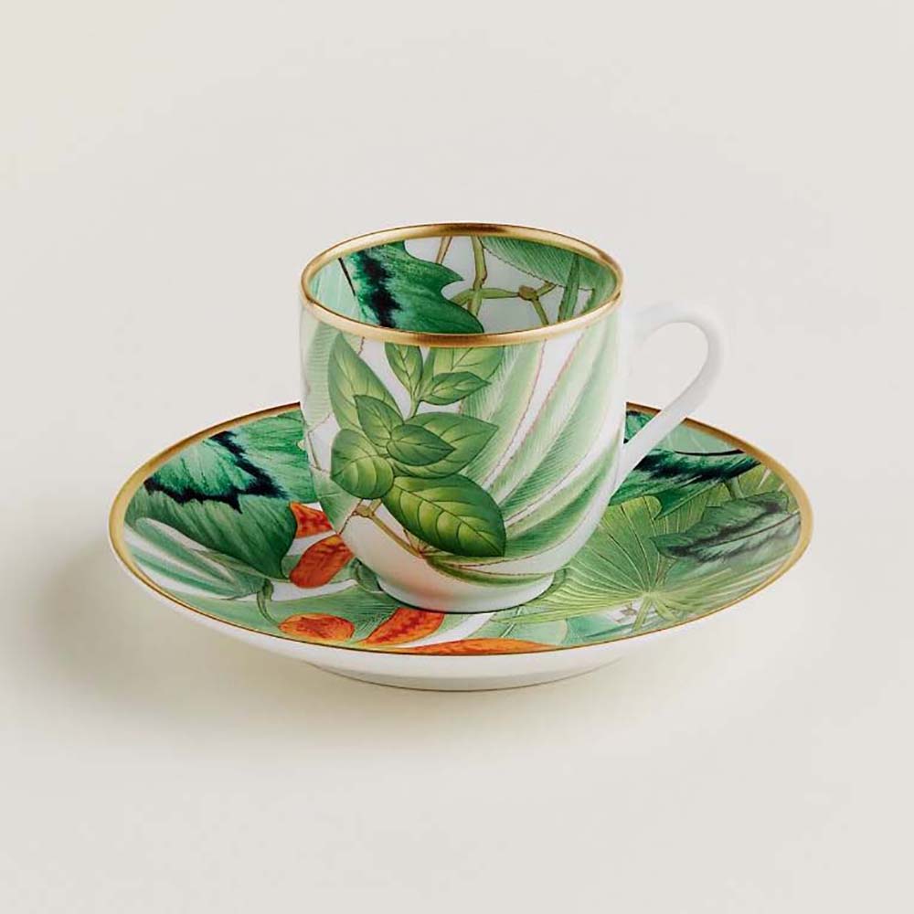 Hermes Unisex Passifolia Coffee Cup and Saucer front angle with green pattern