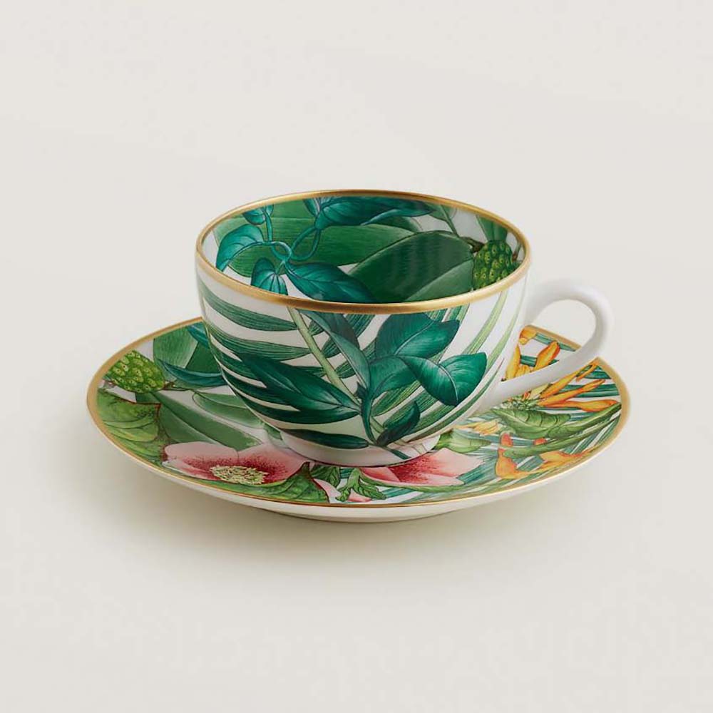 Side view of Hermes Unisex Passifolia Tea Cup and Saucer green pattern