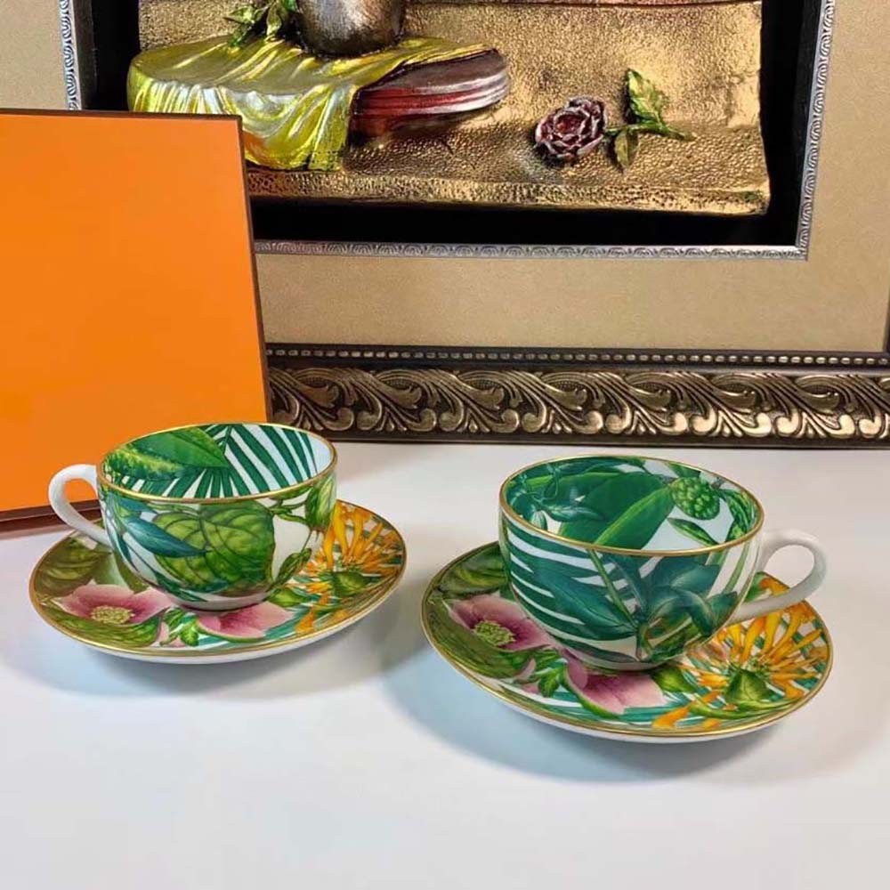 Close-up of Passifolia botanical design on Hermes tea cup and saucer