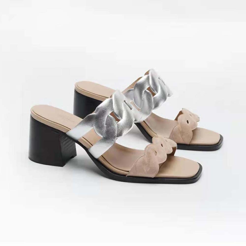 Side view of Hermes Women Gaby 60 Sandal in beige leather