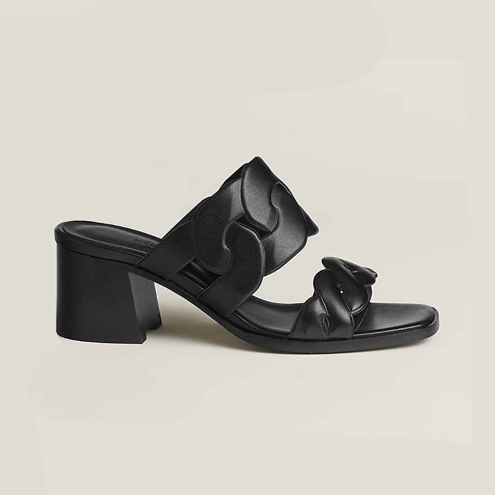 Side view of Hermes Women Gaby 60 Sandal in black leather
