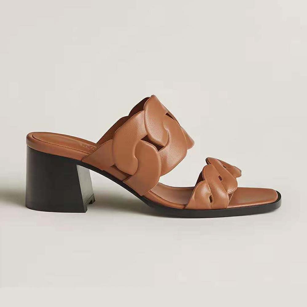 Side view of Hermes Women Gaby 60 Sandal in brown leather heel