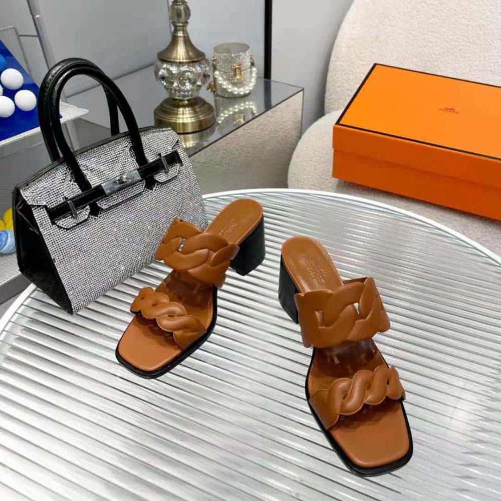 Close-up of buckle and embossed Hermes logo on Gaby 60 Sandal