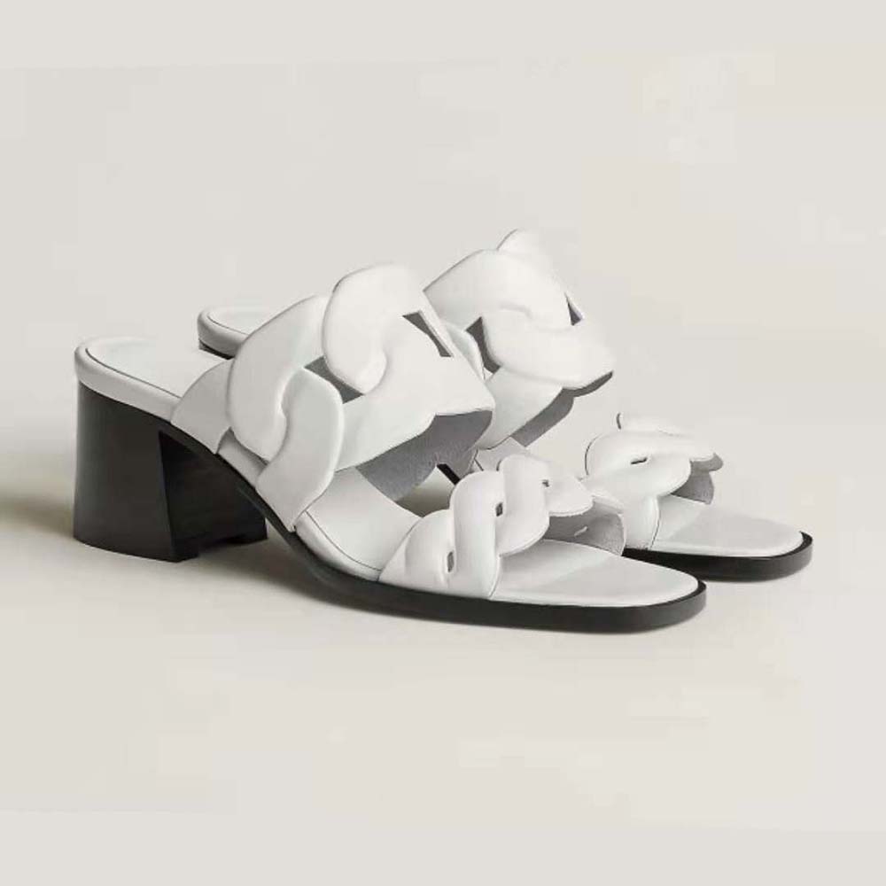 Side view of Hermes Women Gaby 60 Sandal in White showing heel height