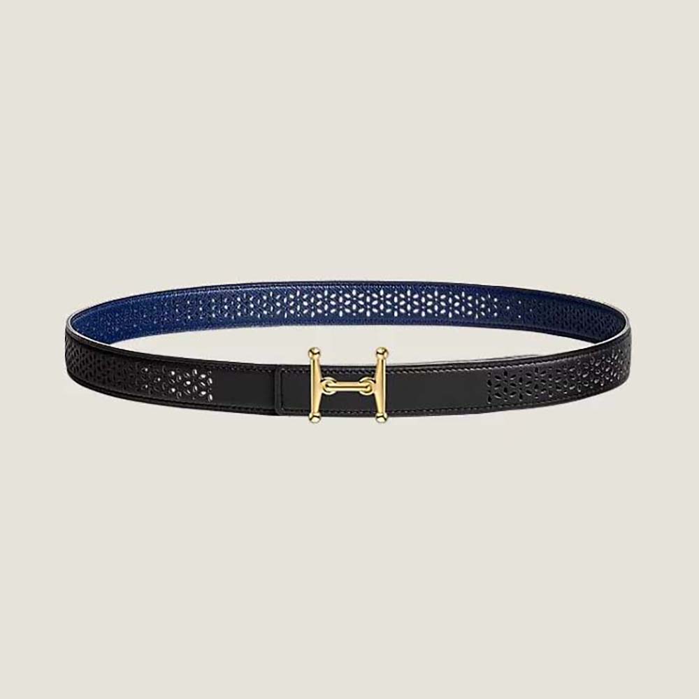 Front view of Hermes Women Mors H Belt Buckle & Reversible Leather Strap 24 mm-Black