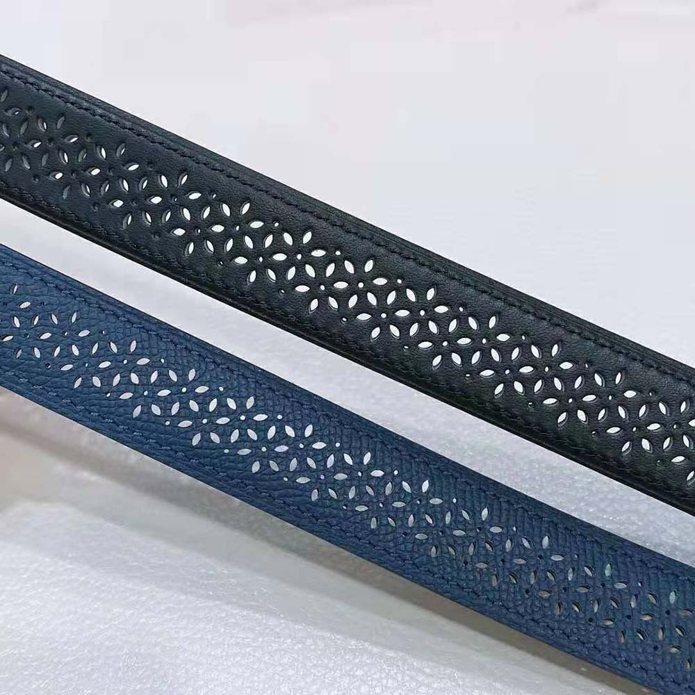 Side angle showing reversible leather strap of Hermes Women Mors H Belt Buckle & Reversible Leather Strap