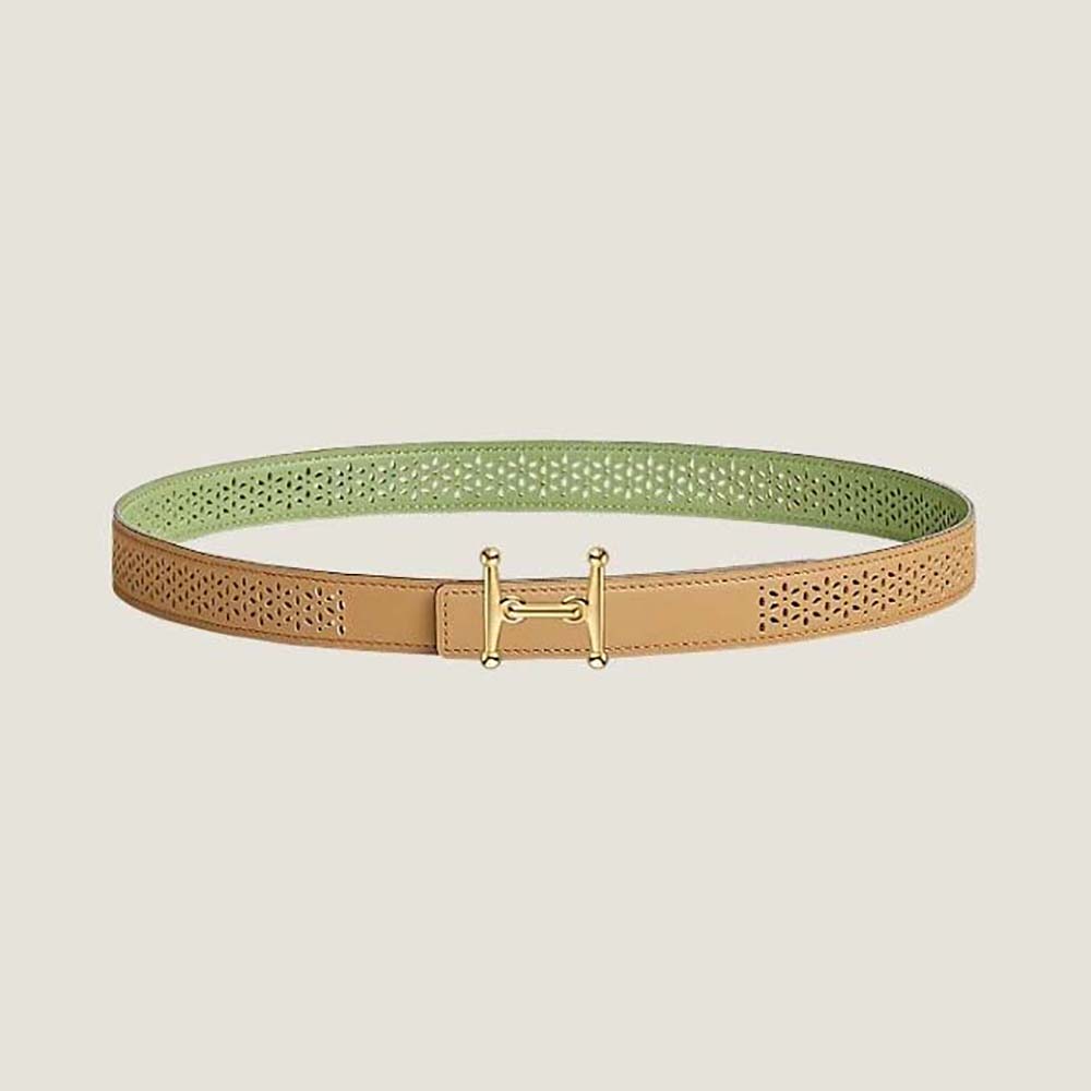 Front view of Hermes Women Mors H Belt Buckle with green reversible strap