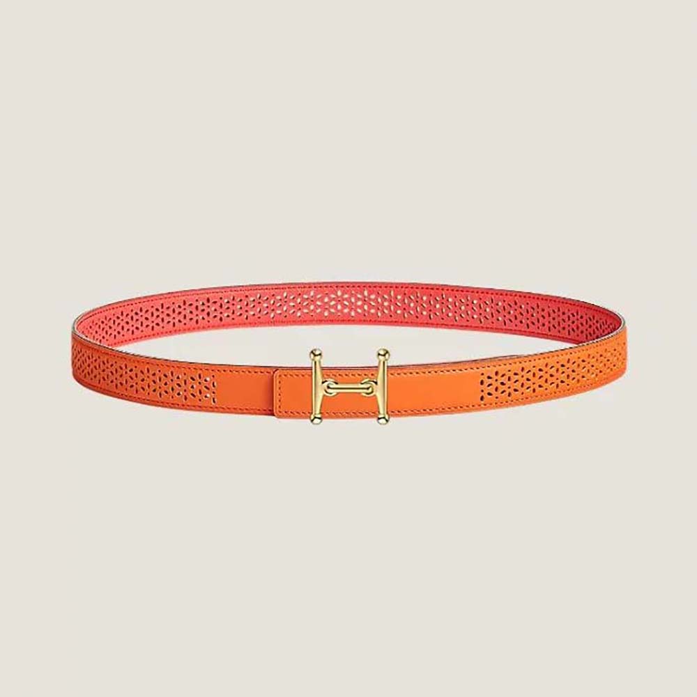 Front view of Hermes Women Mors H Belt Buckle & Reversible Leather Strap 24 mm-Orange