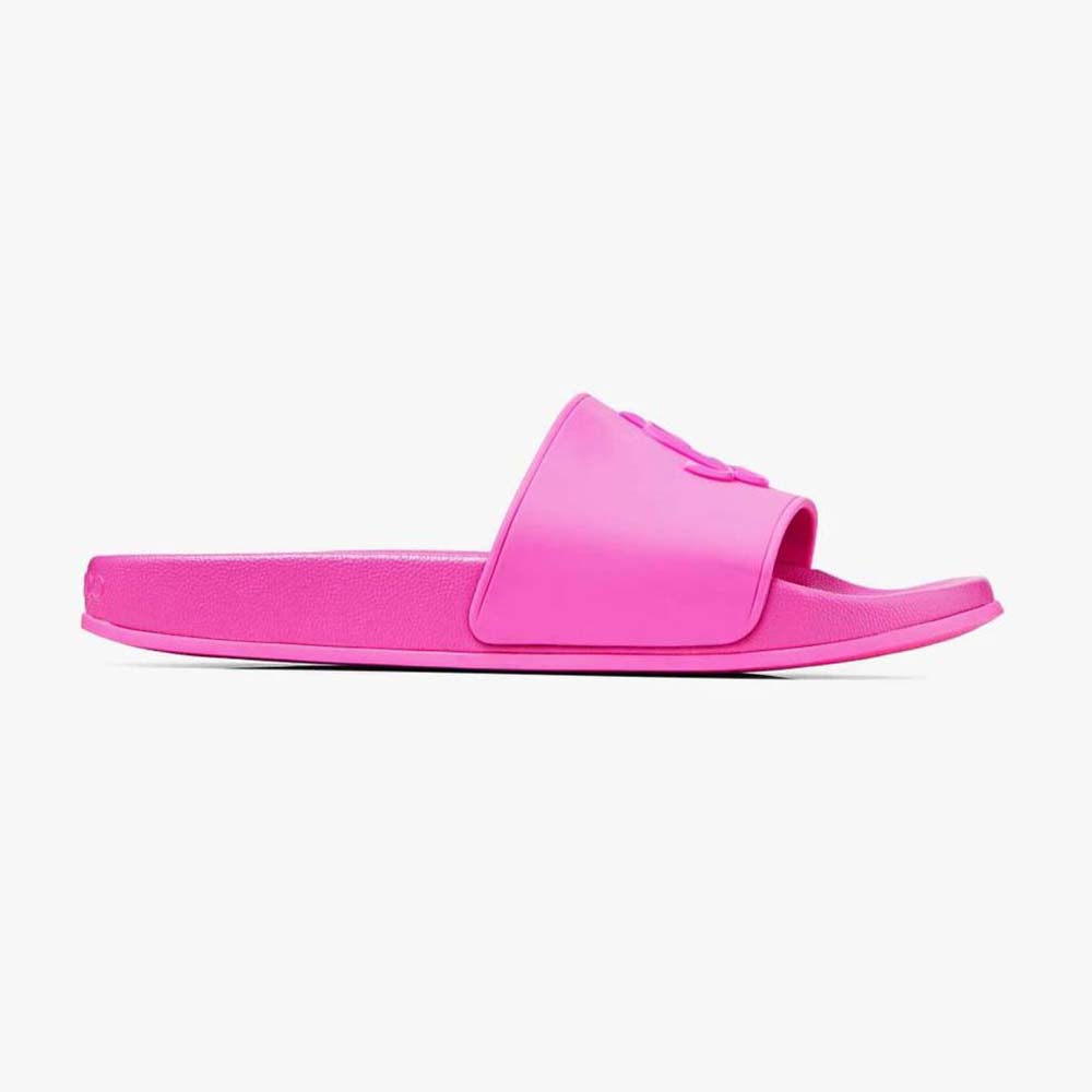 Side angle of Jimmy Choo Women Port/F Neon Pink Rubber Slides with JC Monogram