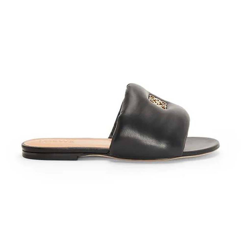 Front angle of Loewe Women Anagram Padded Slide in Lambskin-Black