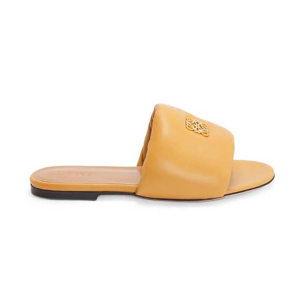 Side angle of Loewe Women Anagram Padded Slide in Lambskin-Yellow