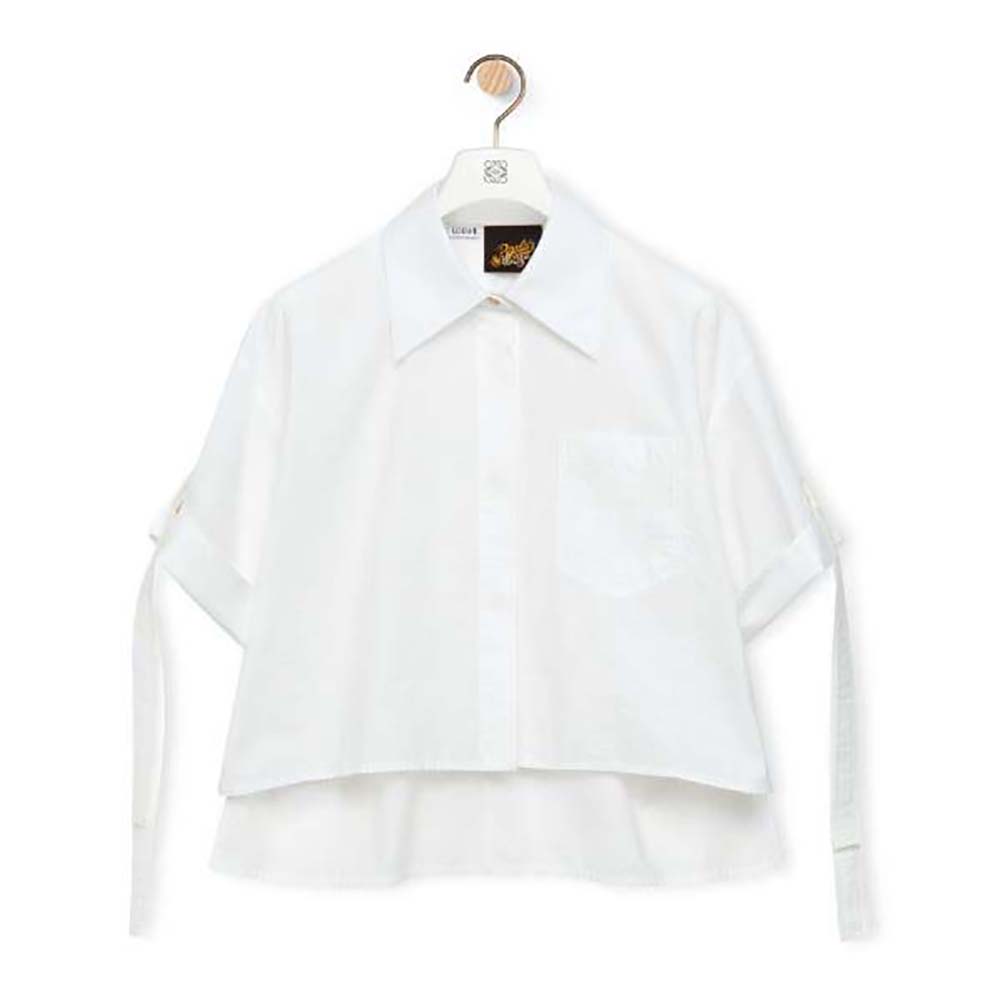 Front view of Loewe Women Cropped Workwear Shirt in Cotton white