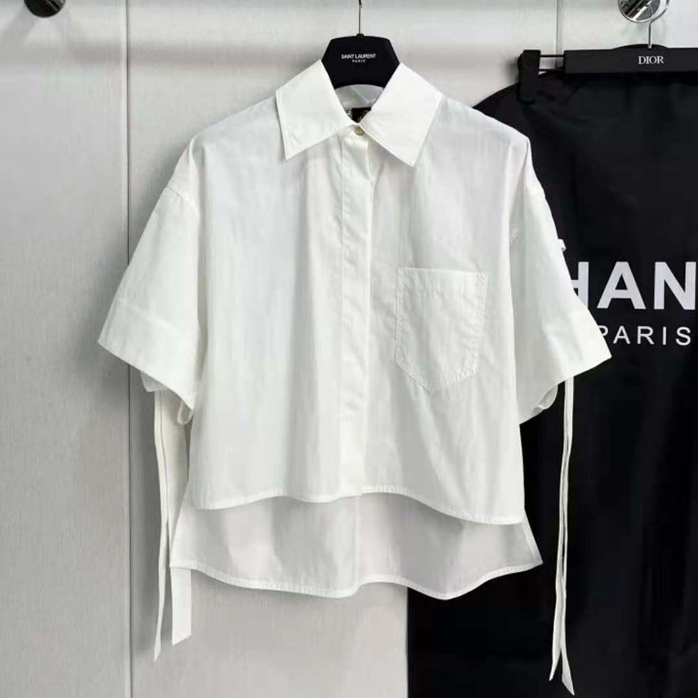 Close-up detail of Loewe Women Cropped Workwear Shirt white button closure