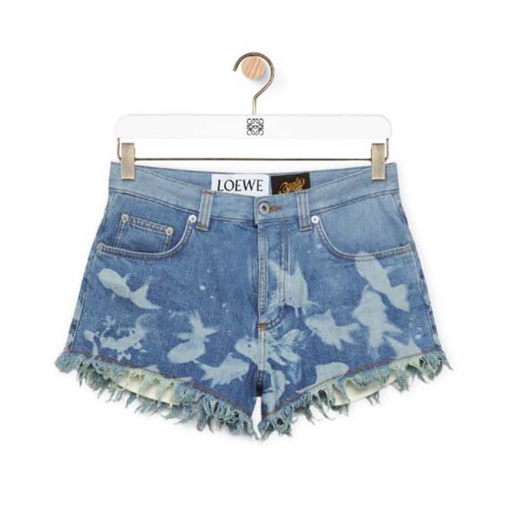 Front view of Loewe Women Fish Shorts in Denim showing relaxed fit