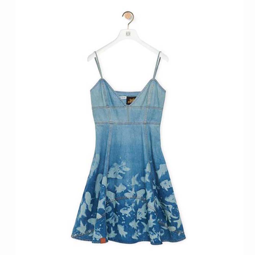 Front view of Loewe Women Fish Strappy Dress in Denim on model
