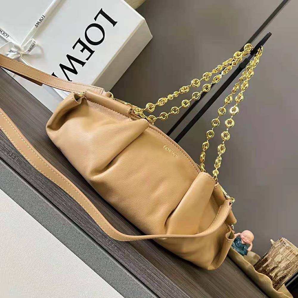 Close-up of silver chain strap on Loewe Small Paseo Bag Sandy