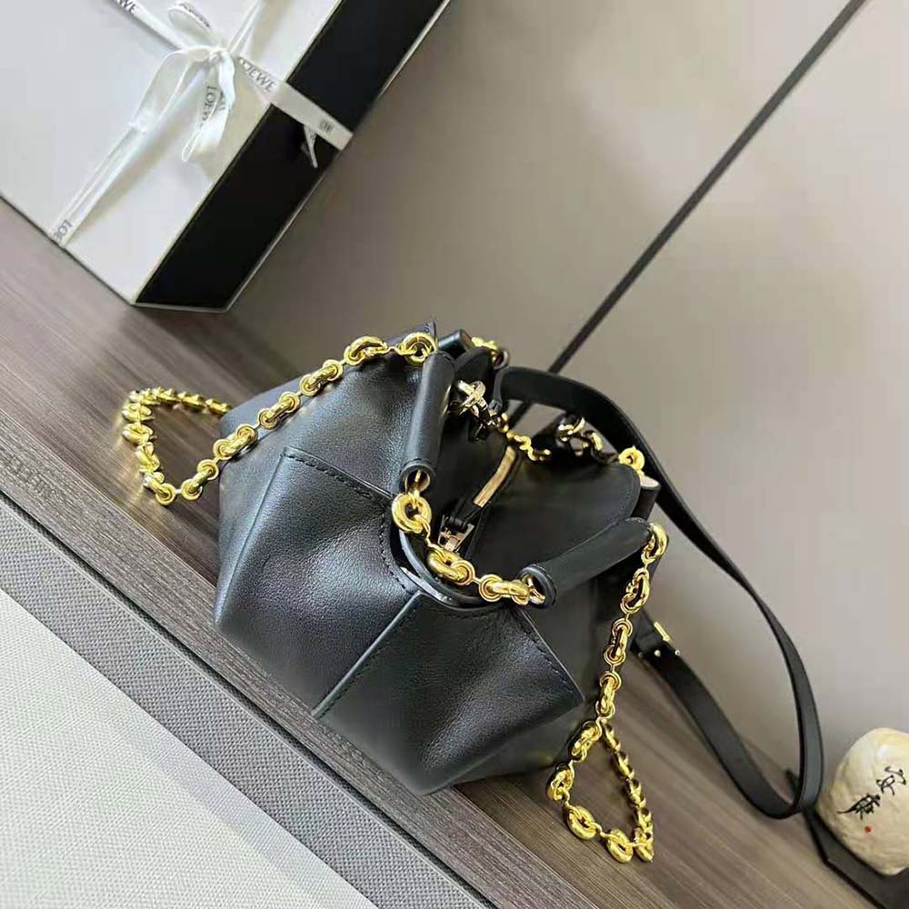 Loewe Women Small Paseo Bag in Shiny Nappa Calfskin with Chain-Black - image 5