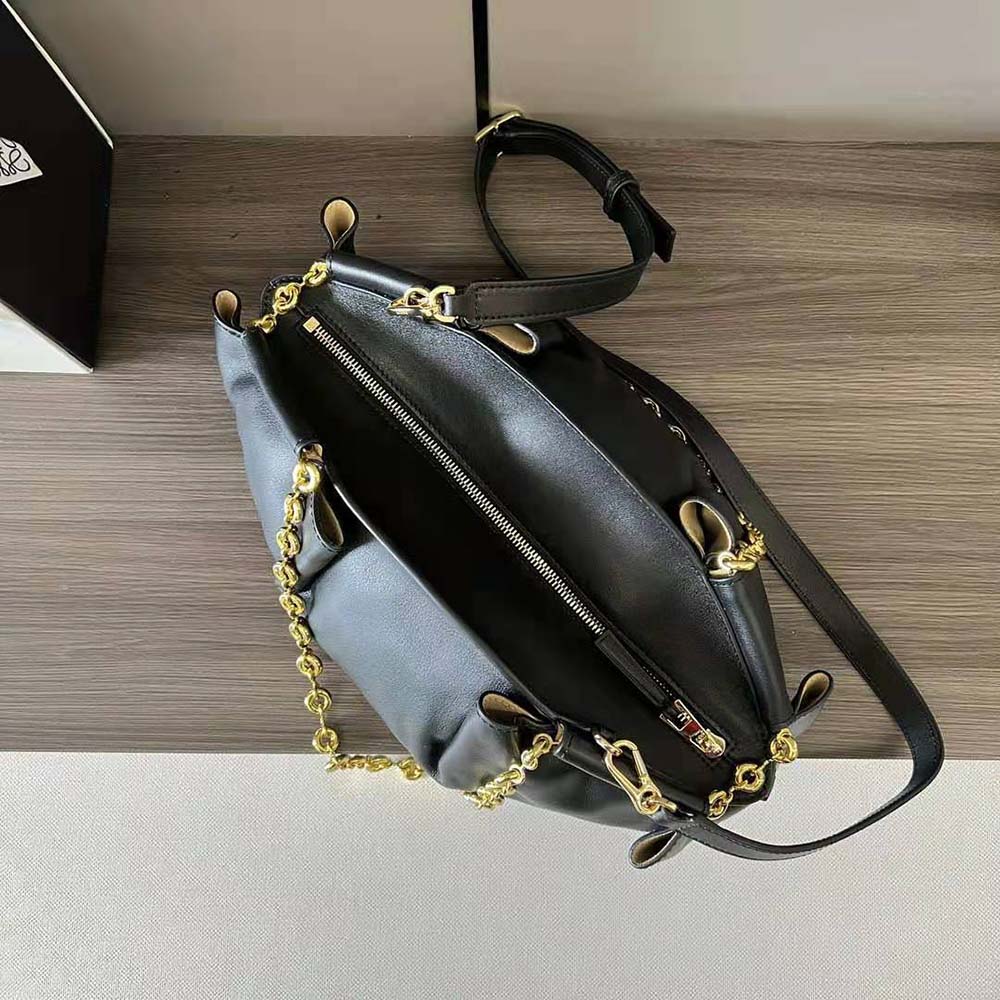 Loewe Women Small Paseo Bag in Shiny Nappa Calfskin with Chain-Black - image 4
