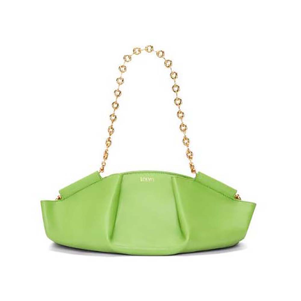 Front view of Loewe Women Small Paseo Bag in shiny green calfskin with chain