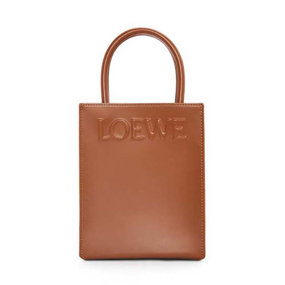 Front angle of Loewe Women Standard A5 Tote in sleek calfskin tan