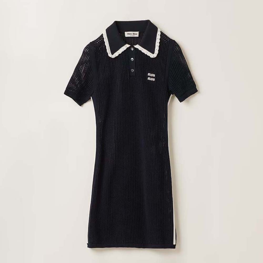 Front view of Miu Miu Women Cotton Knit Dress with Intarsia Logo in black
