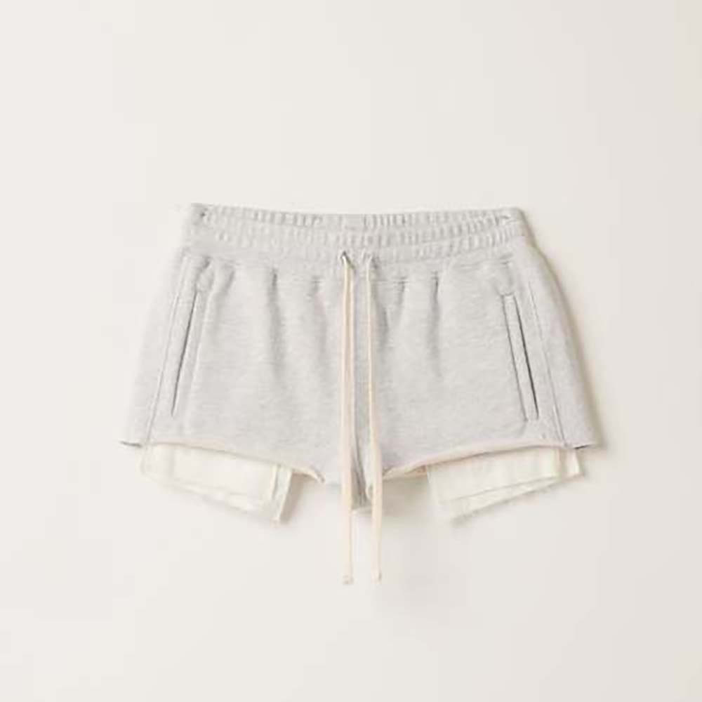 Front view of Miu Miu Women Embroidered Cotton Fleece Shorts-Silver
