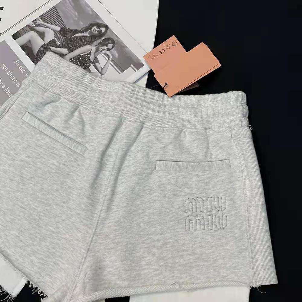 Miu Miu Women Embroidered Cotton Fleece Shorts-Silver - image 7